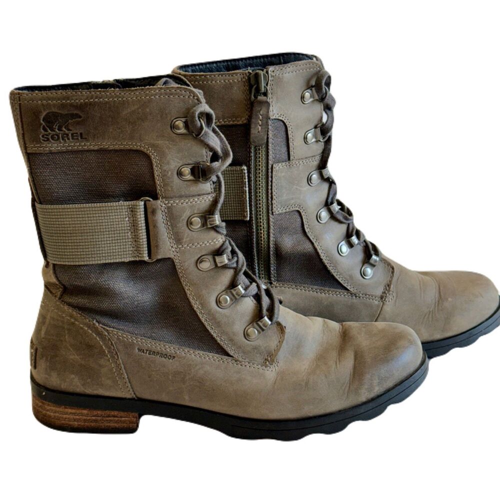 Sorel Women’s Emelie Conquest Waterproof Combat Boots Brown Leather Size 9